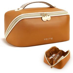 Makeup Bag For Women Travel Waterproof Vegan Leather Cosmetic Bag Open Flat🐺